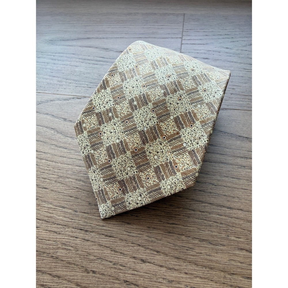 Hermes Paris Mens Silk Tie Tan Brown Geometric‎ Pattern Designer Necktie Luxury
